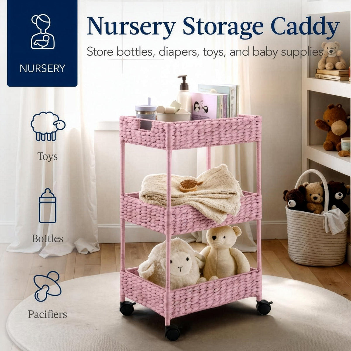 3-Tier Water Hyacinth Rolling Utility Cart w/ Weaved Baskets