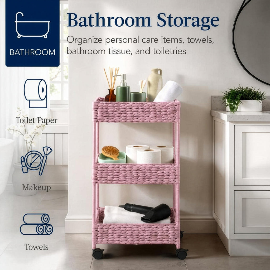 3-Tier Water Hyacinth Rolling Utility Cart w/ Weaved Baskets