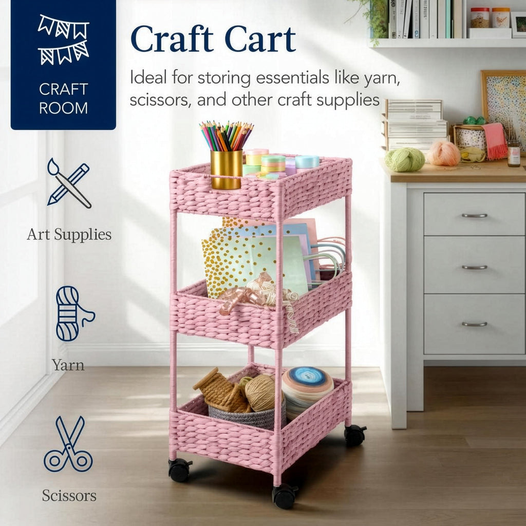 3-Tier Water Hyacinth Rolling Utility Cart w/ Weaved Baskets