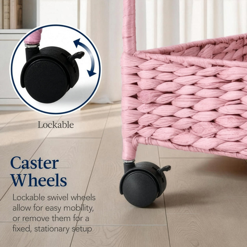 3-Tier Water Hyacinth Rolling Utility Cart w/ Weaved Baskets
