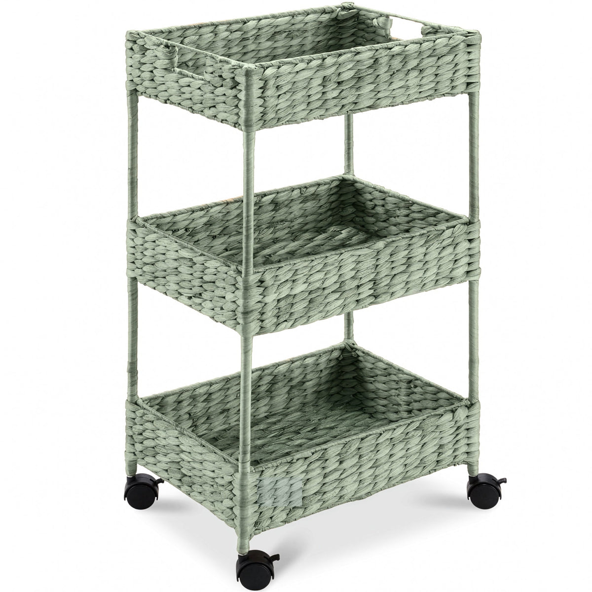 3-Tier Water Hyacinth Rolling Utility Cart w/ Weaved Baskets