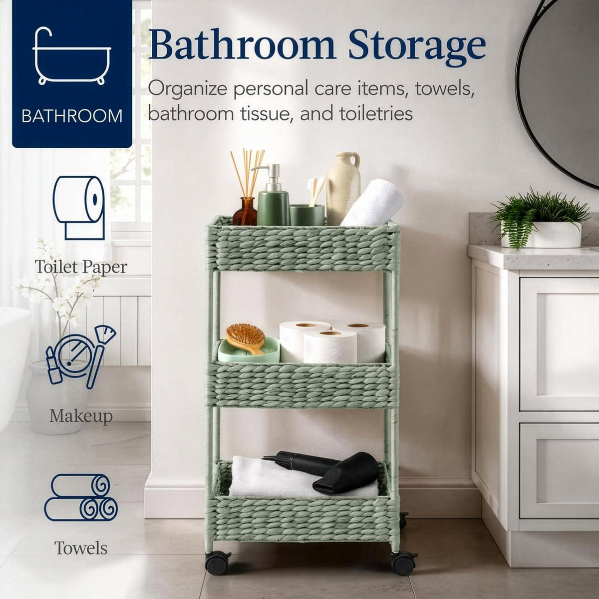 3-Tier Water Hyacinth Rolling Utility Cart w/ Weaved Baskets