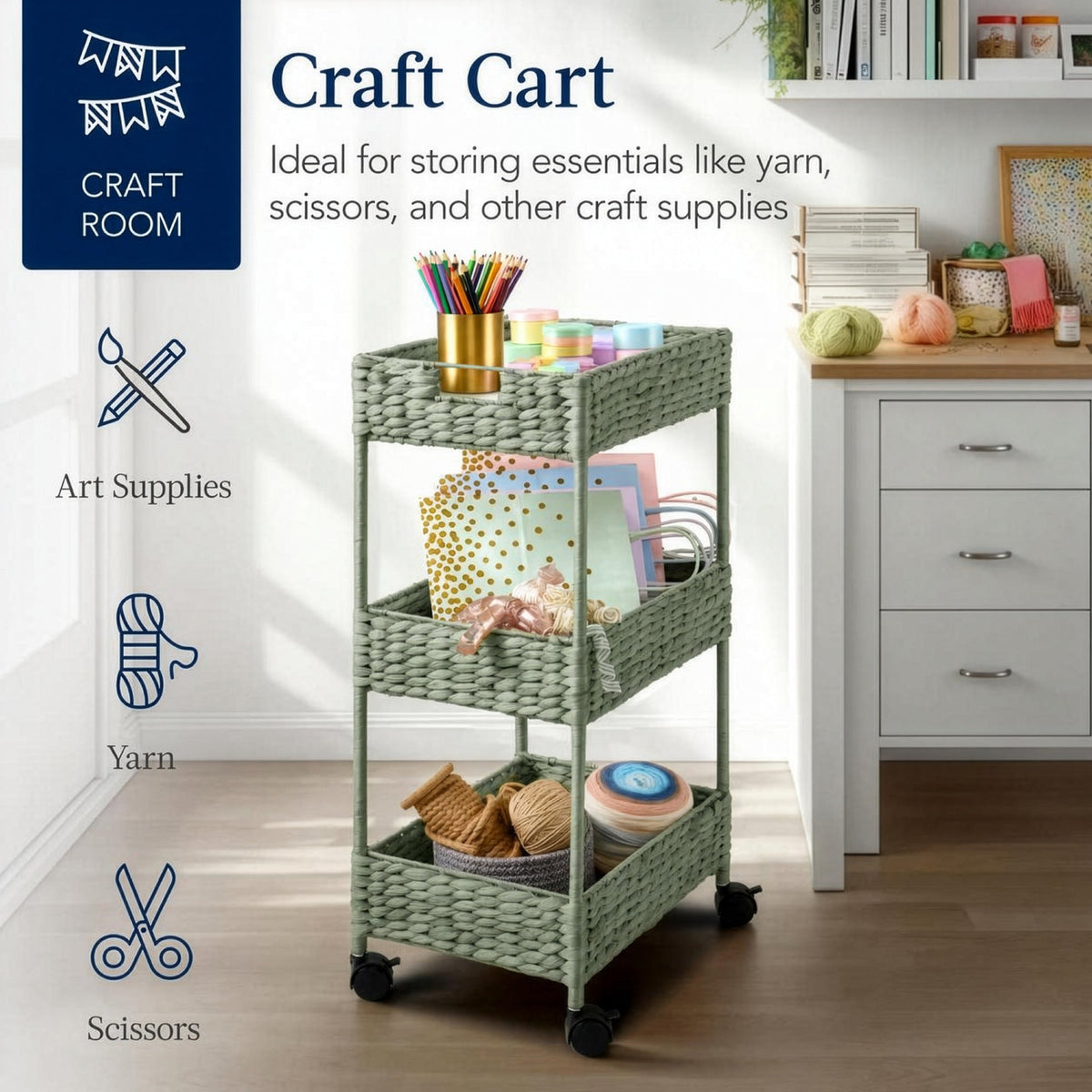 3-Tier Water Hyacinth Rolling Utility Cart w/ Weaved Baskets