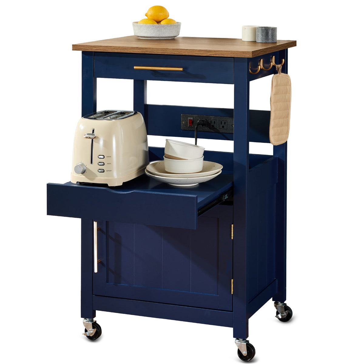 Rolling Kitchen Island Cart, Cabinet W/ Drawer, Sliding Tray, Outlet, Wheels