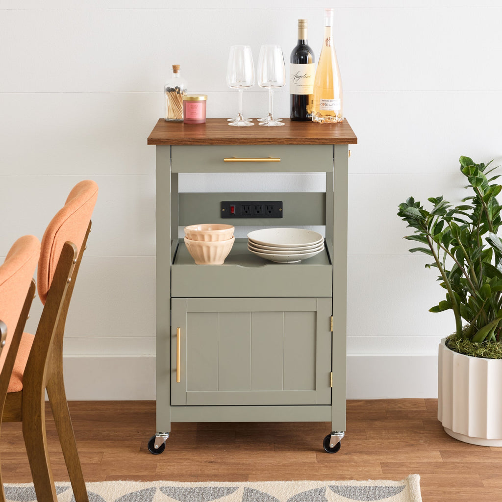 Rolling Kitchen Island Cart, Cabinet W/ Drawer, Sliding Tray, Outlet, Wheels
