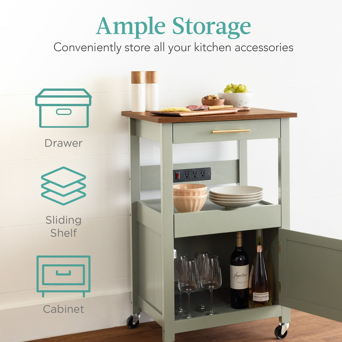 Rolling Kitchen Island Cart, Cabinet W/ Drawer, Sliding Tray, Outlet, Wheels