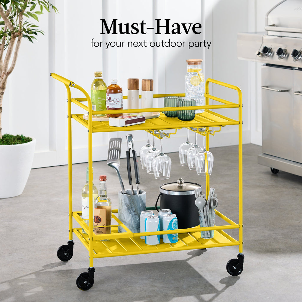 2-Tier Rolling Bar Cart Indoor/Outdoor w/ Shelves, Wine Rack, Locking Wheels